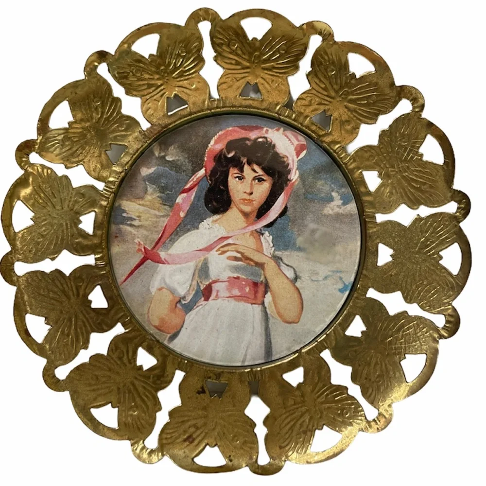 Vintage Antique Metal Gold Framed Wall Art Picture Girl Hat Butterfly Gold Frame